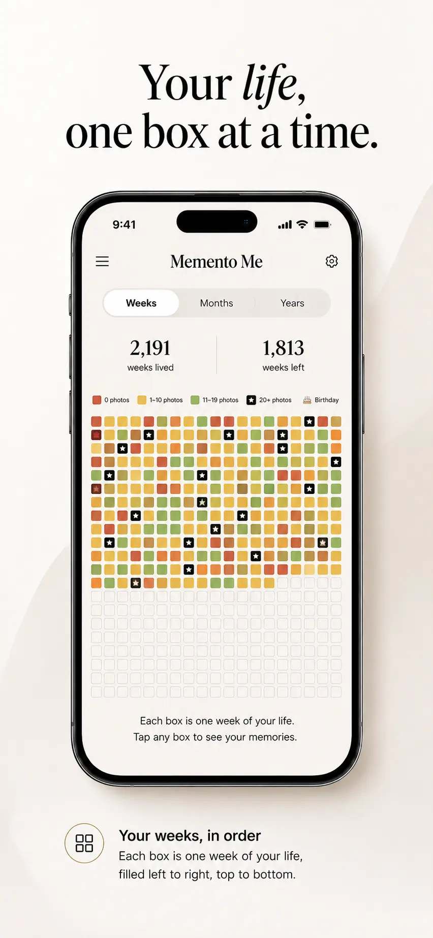 Memento Me colored life grid with weeks, months, and years
