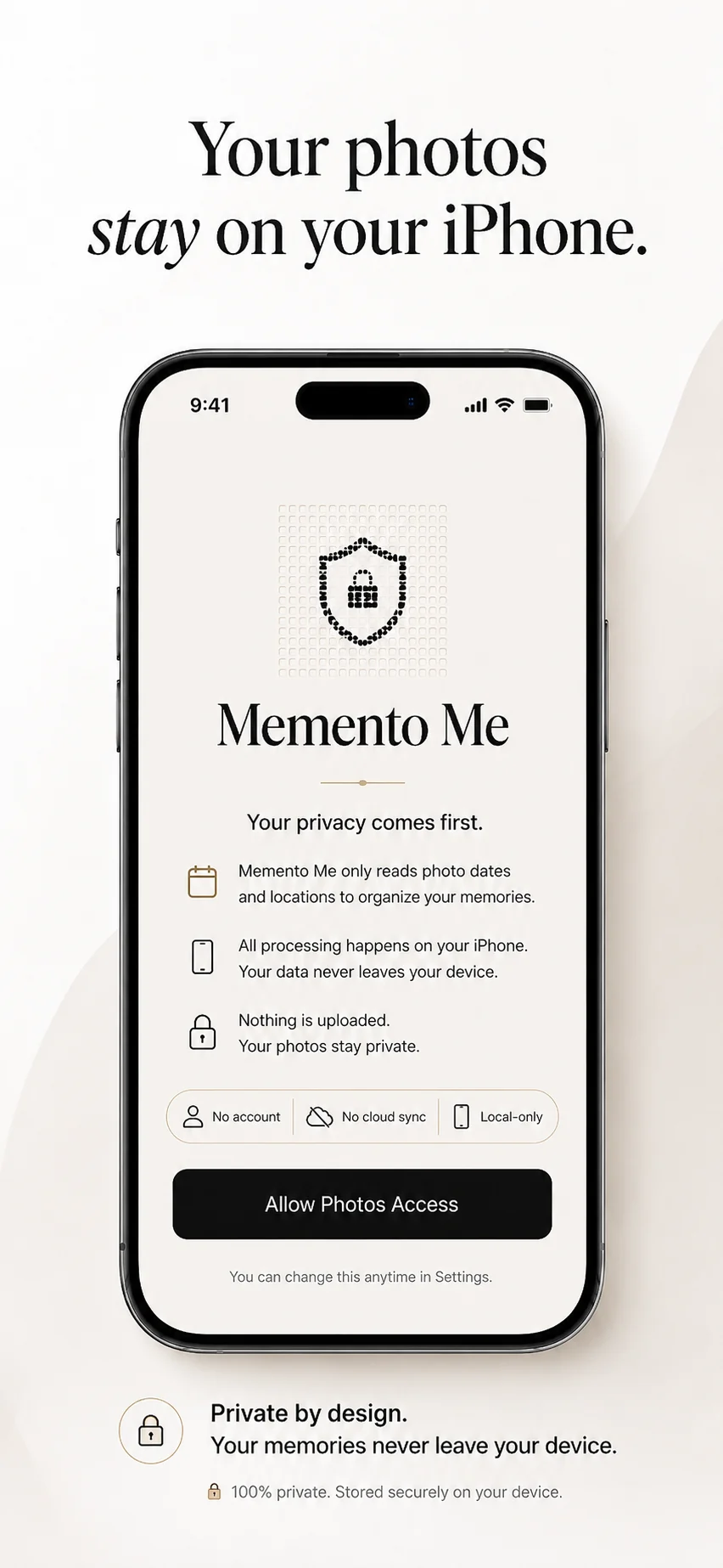 Memento Me privacy-first Photos access screen